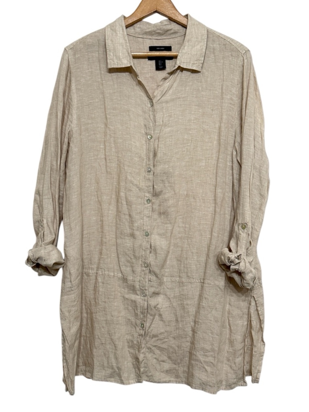 Tahari 100% Linen Button Down Tunic Top Beige Roll Tab Sleeve Size L